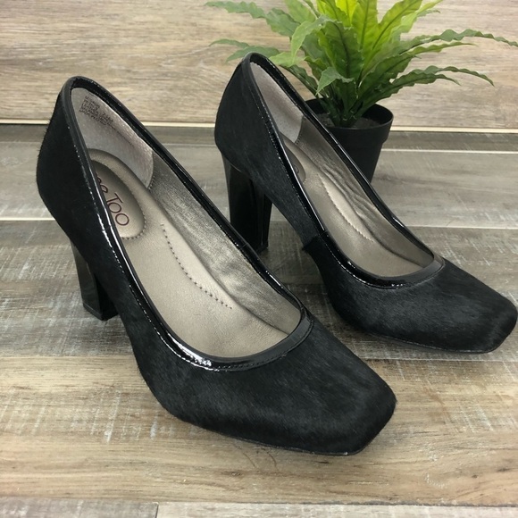 me too Shoes - ME TOO Petal 9 Calf Hair Leather Black Patent Leather Heels Size 7.5